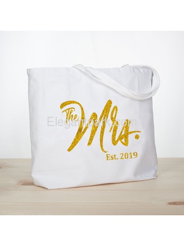 The Mrs EST 2019 Jumbo Wedding Bride Tote Bridal Shower Gift White Shoulder Bag with Gold Glitter