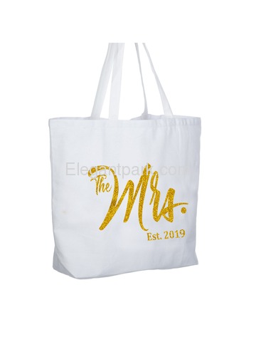 The Mrs EST 2019 Jumbo Wedding Bride Tote Bridal Shower Gift White Shoulder Bag with Gold Glitter