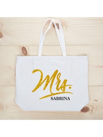 PERSONALIZED Mrs Wedding Bride Tote Bachelorette Party Gift Monogram Jumbo Shouler Bag White with G