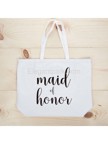 ElegantPark Maid of Honor Jumbo Tote Bag Wedding Bridesmaid Gifts White with Black Script 100% Cotto