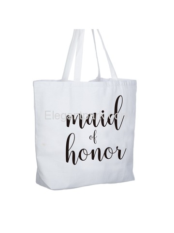 ElegantPark Maid of Honor Jumbo Tote Bag Wedding Bridesmaid Gifts White with Black Script 100% Cotto