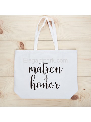 ElegantPark Matron of Honor Jumbo Tote Bag Wedding Bridesmaid Gifts White with Black Script 100% Cot