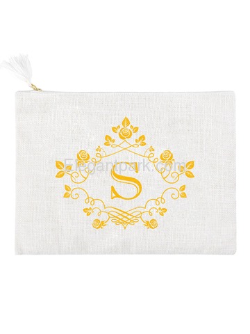 ElegantPark S Initial Monogram Makeup Bag Personalized Party Gift Clutch with Bottom Zip Jute