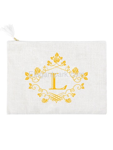 ElegantPark L Initial Monogram Makeup Bag Personalized Party Gift Clutch with Bottom Zip Jute