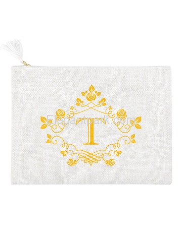 ElegantPark T Initial Monogram Makeup Bag Personalized Party Gift Clutch with Bottom Zip Jute