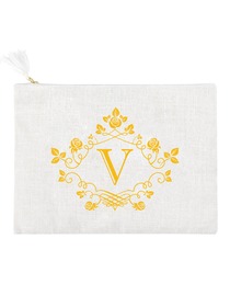 ElegantPark V Initial Monogram Makeup Bag Personalized Party Gift Clutch with Bottom Zip Jute