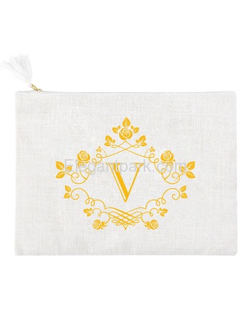 ElegantPark V Initial Monogram Makeup Bag Personalized Party Gift Clutch with Bottom Zip Jute