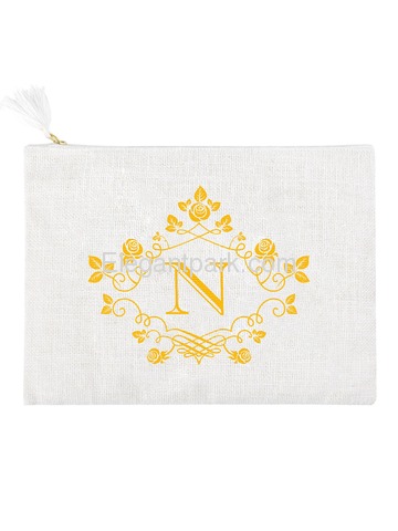 ElegantPark N Initial Monogram Makeup Bag Personalized Party Gift Clutch with Bottom Zip Jute