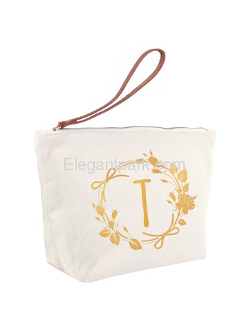 ElegantPark T Initial Monogram Makeup Cosmetic Bag Wristlet Pouch Gift with Bottom Zip Canvas