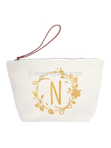 ElegantPark N Initial Monogram Makeup Cosmetic Bag Wristlet Pouch Gift with Bottom Zip Canvas