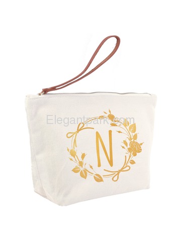 ElegantPark N Initial Monogram Makeup Cosmetic Bag Wristlet Pouch Gift with Bottom Zip Canvas