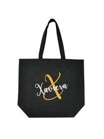 Monogram Initial X Personalized Tote Shoulder Bag Black with Gold Glitter 100% Cotton