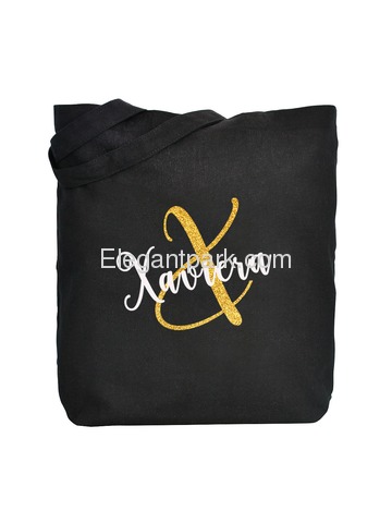 Monogram Initial X Personalized Tote Shoulder Bag Black with Gold Glitter 100% Cotton