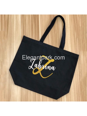 Monogram Initial Z Personalized Tote Shoulder Bag Black with Gold Glitter 100% Cotton