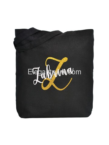 Monogram Initial Z Personalized Tote Shoulder Bag Black with Gold Glitter 100% Cotton