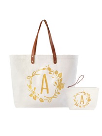ElegantPark A Initial Personalized Gift Monogram Tote Bag + Makeup Cosmetic Bag with Zipper Canvas