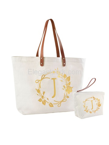ElegantPark J Initial Personalized Gift Monogram Tote Bag + Makeup Cosmetic Bag with Zipper Canvas