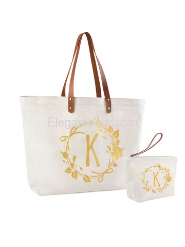 ElegantPark K Initial Personalized Gift Monogram Tote Bag + Makeup Cosmetic Bag with Zipper Canvas