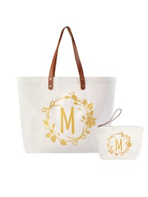ElegantPark M Initial Personalized Gift Monogram Tote Bag + Makeup Cosmetic Bag with Zipper Canvas