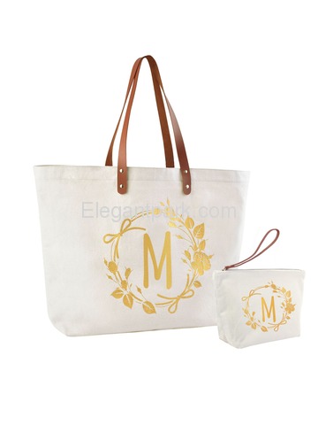 ElegantPark M Initial Personalized Gift Monogram Tote Bag + Makeup Cosmetic Bag with Zipper Canvas