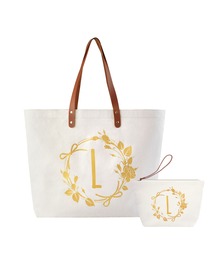 ElegantPark L Initial Personalized Gift Monogram Tote Bag + Makeup Cosmetic Bag with Zipper Canvas