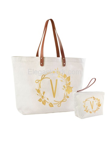 ElegantPark V Initial Personalized Gift Monogram Tote Bag + Makeup Cosmetic Bag with Zipper Canvas