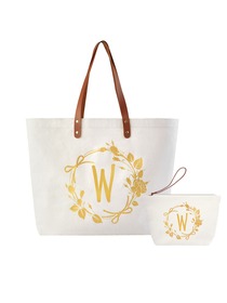 ElegantPark W Initial Personalized Gift Monogram Tote Bag + Makeup Cosmetic Bag with Zipper Canvas