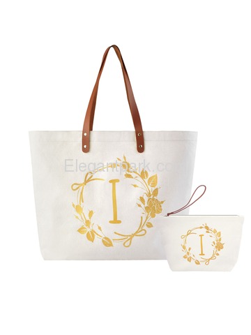 ElegantPark I Initial Personalized Gift Monogram Tote Bag + Makeup Cosmetic Bag with Zipper Canvas