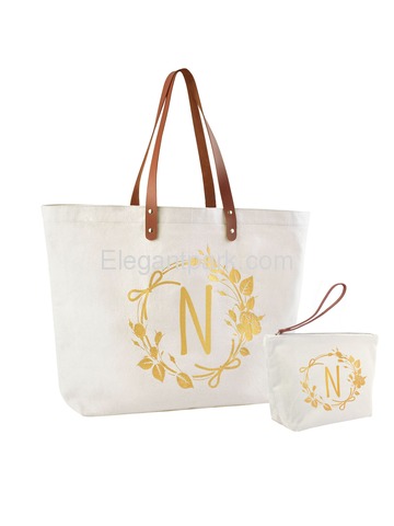 ElegantPark N Initial Personalized Gift Monogram Tote Bag + Makeup Cosmetic Bag with Zipper Canvas