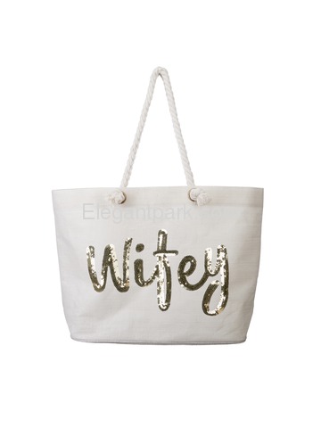 Wifey Bride Tote Bag Wedding Bachelorette Bridal Shower Gifts Jute Gold Sequin with Interior Pocket