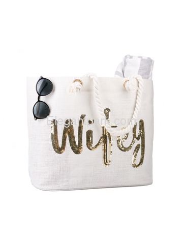 Wifey Bride Tote Bag Wedding Bachelorette Bridal Shower Gifts Jute Gold Sequin with Interior Pocket