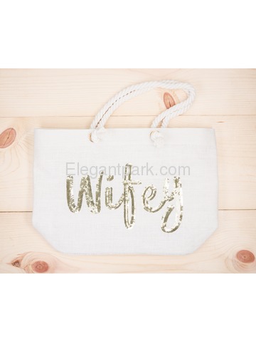 Wifey Bride Tote Bag Wedding Bachelorette Bridal Shower Gifts Jute Gold Sequin with Interior Pocket