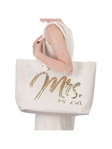 Bride Jumbo Tote Bag Wedding Bridal Shower Gifts Future Mrs Est 2021 Jute Interior Pocket Gold