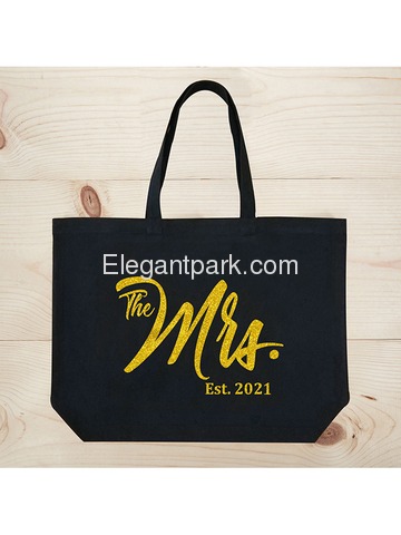 ElegantPark The Mrs EST 2019 Jumbo Wedding Bride Tote Bridal Shower Gift Black Shoulder Bag with Go