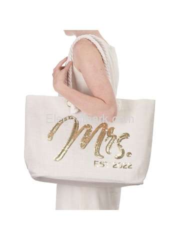 Bride Jumbo Tote Bag Wedding Bridal Shower Gifts Future Mrs Est 2022 Jute Interior Pocket Gold