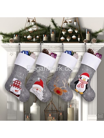 Ugiftcorner Lovely Gray Burlap Christmas Stockings Decor Set of 4 Snowman Santa Deer Penguin