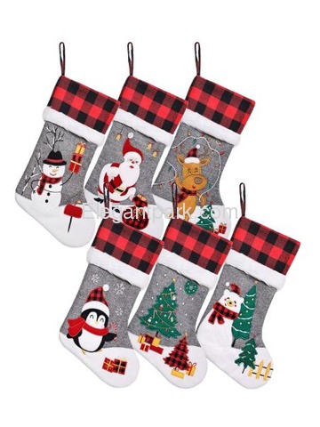 ElegantPark Grey Christmas Stockings Set of 6 Burlap Applique Snowman Santa Deer Penguin Tree Bear