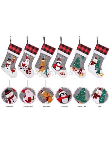 ElegantPark Grey Christmas Stockings Set of 6 Burlap Applique Snowman Santa Deer Penguin Tree Bear