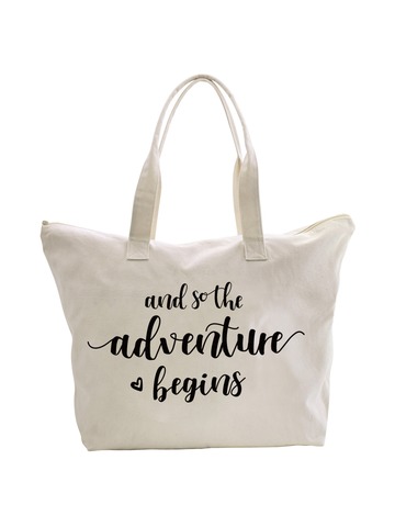 ElegantPark And so the Adventure begins Honneymoon Bridal Shower Gifts Cotton Canvas Large Travel Bag with Zip Top and Innerior Zipepr Pocket